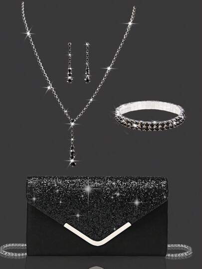 Pochette da sera in cristallo per donna, set di 4 molletta per orecchie in cristallo, collana, bracciale e pendente per occasioni nuziali e matrimoni, borsetta scintillante, perfetta per feste, matrimoni, balli, cene, abiti da sposa, cerimonie e vestiti eleganti