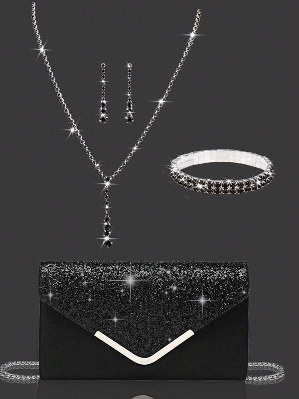 Pochette da sera in cristallo per donna, set di 4 molletta per orecchie in cristallo, collana, bracciale e pendente per occasioni nuziali e matrimoni, borsetta scintillante, perfetta per feste, matrimoni, balli, cene, abiti da sposa, cerimonie e vestiti eleganti