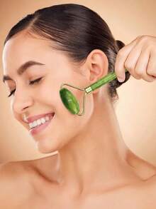 Set de 1/2/3 piezas de máscara facial y para ojos de jade natural, herramienta de terapia con piedras calientes/frías, masajeador de belleza para el cuidado de la piel en el hogar, spa y salón - Verde Oliva - Ver 5