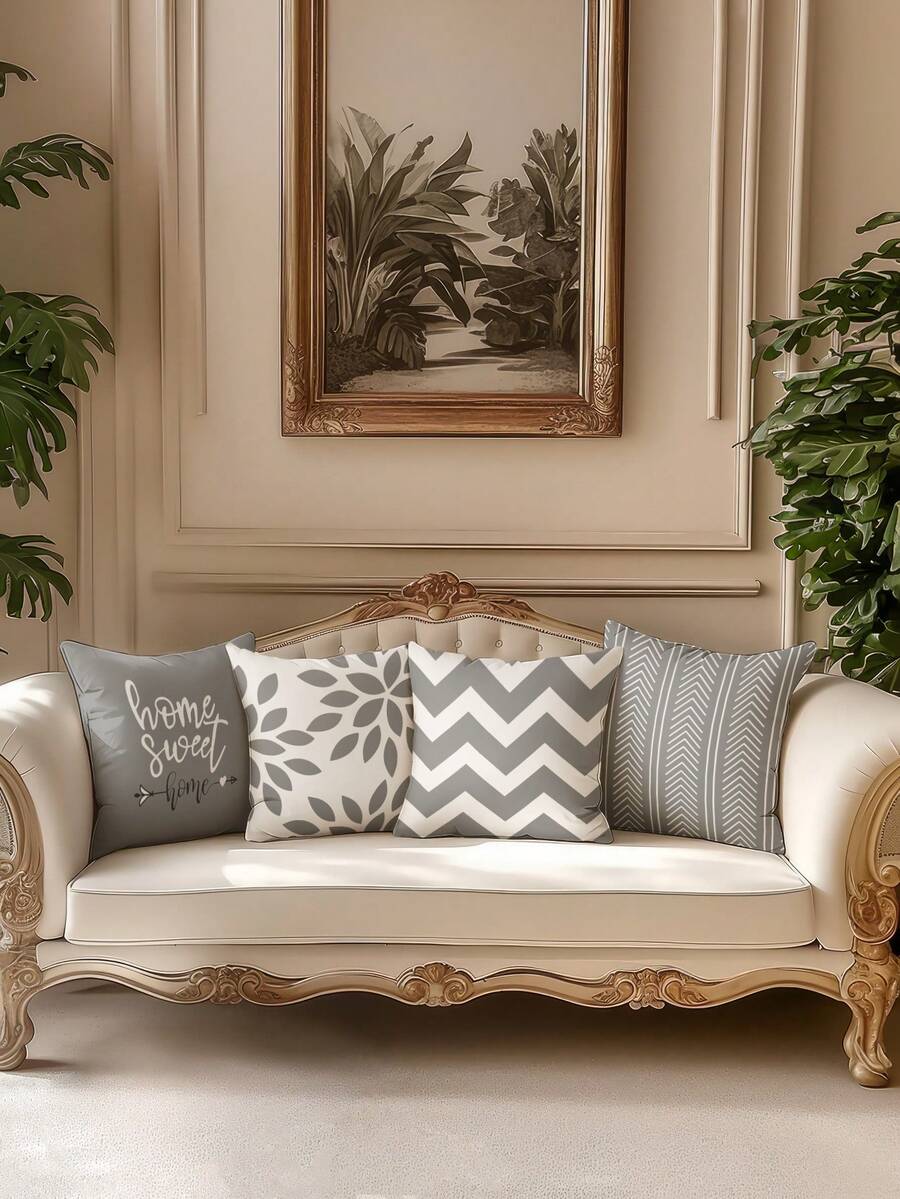 4 件现代几何拉链枕套 - 方形装饰枕套，几何图案，复古天鹅绒材质，可机洗，简约时尚线条设计，拉链开合，家居装饰靠垫套，适用于沙发、床、汽车、客厅、卧室，无枕芯