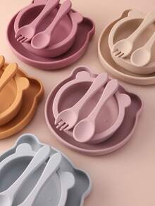 PopLittleOne 4PCS Baby Silicone Dinner Set Suction Cartoon Bear Bowl Plate Dishes Silicone Spoon Fork Eating Training Baby Tableware Soft Utensils - Multicolor - View 3