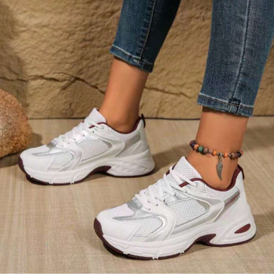American Retro Contrast Color Running Shoes, Mesh Breathable, Thick Bottom Cushioning, Campus, Street, Daily Wear Template, Running Shoes To Grasp The Relaxation Feeling, 5cm High Casual Shoes - Đỏ - Xem 1