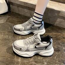 Women's Thick-Soled Sneakers, Fashionable Ins Style, Slimming, Anti-Slip, Lightweight, Breathable Mesh, Casual Running Shoes, Spring/Autumn - Silver - View 3