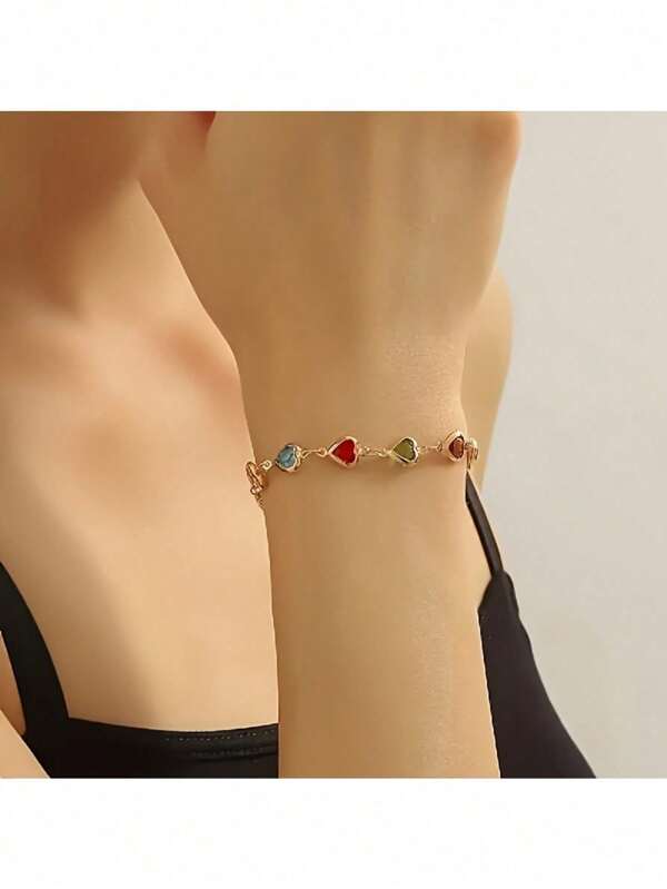 1pc Colorful Shiny Cube Heart Shaped Beaded Bracelet, Delicate Jewelry Bracelet, Suitable For Beautiful Ladies' Daily Party, Festival Gifts, Colorful Heart Design Bracelet, Retro Elegant Style, Valentine's Day Gift