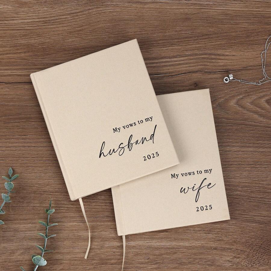 优雅的婚礼誓言书，他和她 - 2 包 2025 年他和她书 - 亚麻精装新娘和新郎笔记本，用于仪式誓言 - 书签和横格页 - 续约和婚礼必备品，用于学校用品，返校 - 米色 - 查看 1