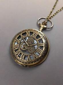 大型古董机械怀表，采用罗马数字和镂空设计，带有时间齿轮 - 青古色 - 查看 2