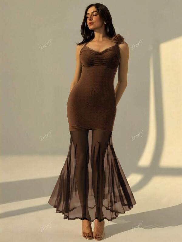 Women's Elegant Fashionable Sexy Mesh 3D Floral Detachable Ruffled Fishtail Spaghetti Strap Eid Mubarak Long Dress
