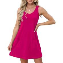 OFEEFAN Womens Summer Dresses 2025 V Neck Sleeveless Sundresses With Pockets Beach Vacation Clothes Floral/Plain - B Plain Pink - 查看 3