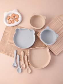 PopLittleOne 4PCS Baby Silicone Dinner Set Suction Cartoon Bear Bowl Plate Dishes Silicone Spoon Fork Eating Training Baby Tableware Soft Utensils - Multicolor - View 4