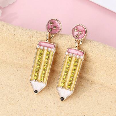 1 Pair Zinc Alloy Pencil Shaped Earrings With Faux Pearl Decor, Suitable For Girls Daily Wear