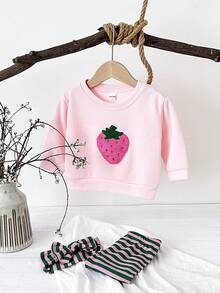3pcs/Set Baby Girl Clothes, Includes Pink Strawberry Embroidered Sweatshirt, Striped Stretch Pants And Headband, Suitable For Spring And Autumn - Pink - View 3
