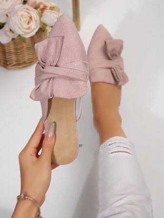 2025 秋季粉色尖头穆勒鞋带蝴蝶结装饰，一脚蹬蝴蝶结乐福鞋，百搭优雅休闲露背平底鞋，适合春夏季