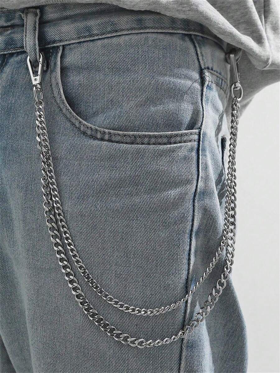 1pc Fashion Minimalist Street Punk Style Stainless Steel Double-Layer Pants Chain, Suitable For Teens, Summer Casual Outdoor Athletic Or Vacation Travel, Graduation Gifts, Birthday Dress Accessories, Daily Wear Summer, School Autumn-Winter Accessories Halloween Costume,Suitable For Teens, Youth,Men,Casual, Outdoor, Athletic, Vacation, Graduation Gifts, Birthday, Daily Wear - Silver - View 1