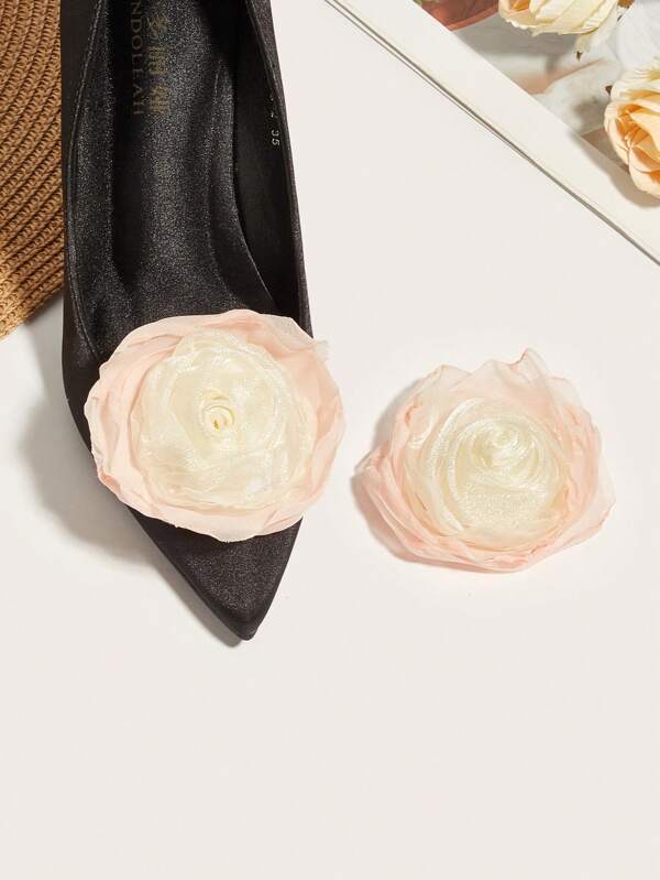 1 paire de nouveaux clips de chaussures à fleurs de rose en maille à bord effiloché bicolore de style coréen, convient pour les talons hauts et les sandales pour femmes