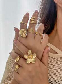 Juego de 8 anillos estilo bohemio ajustables, con diseños exagerados de flores, estrellas de mar y conchas, formas geométricas asimétricas, regalos de joyería ideales para fiestas de verano y vacaciones para mujeres