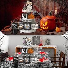 Zestaw 16-częściowych dekoracji na tace na Halloween, zawiera kreatywną ramkę z dyni, pajęczą sieć, drewniane znaki nietoperza, dekoracje na tace w stylu wiejskim do domu, kuchni, na imprezę halloweenową (koraliki nie są dołączone)