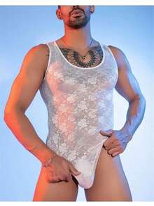 Body de encaje transparente para hombre, body seductor, camiseta sin mangas ajustada sexy para hombre, lencería sexy ajustada - Blanco - Ver 2