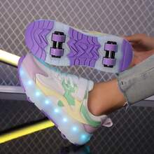 1 双青少年透气网眼旱冰鞋，休闲 4 轮可拆卸旱冰鞋，带 11 种 LED 灯颜色选项，街头时尚直排轮滑鞋