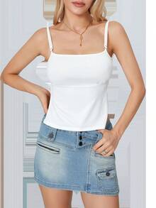 Womens Summer Mini Skinny Sling Vest Solid Color Sleeveless Backless Tie Up Crop Tops Spaghetti Strap Camisoles - trắng - Xem 2