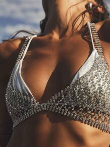 Haut de bikini coquille de mer sans dos ajustable Y2K, brassière de plage avec chaîne de corps de coquillage de sirène, parure de soleil de 1 pièce avec strass de coquilles de sirène - or