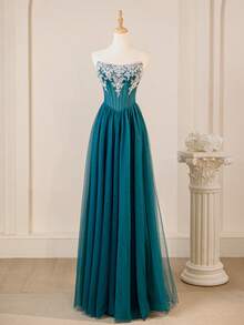 露肩蕾丝贴花礼服，网眼晚礼服，适合毕业典礼、晚宴、派对礼服、婚礼宾客 - 藍色 - 查看 3