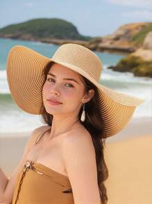 Chapéu de Praia Boho Listrado para Mulheres - Proteção UPF 50+ Aba Larga e Acessórios de Praia Leves, Chapéus Respiráveis para Férias de Verão, Resorts, Atividades ao Ar Livre (Branco/Bege/Cáqui/Preto)