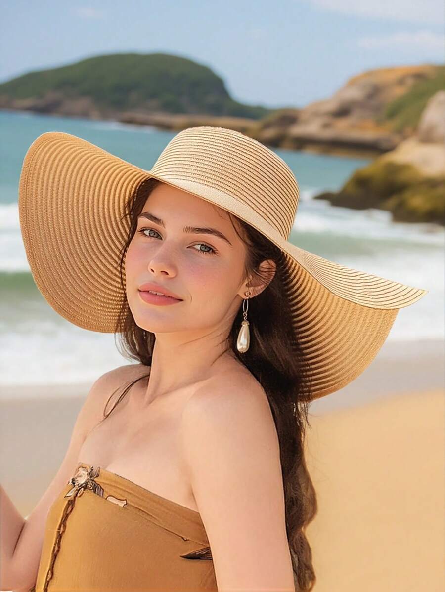 Chapéu de Praia Boho Listrado para Mulheres - Proteção UPF 50+ Aba Larga e Acessórios de Praia Leves, Chapéus Respiráveis para Férias de Verão, Resorts, Atividades ao Ar Livre (Branco/Bege/Cáqui/Preto)