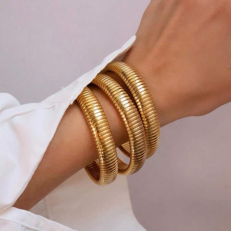 3PCS Golden/Silvery Bangles For Women Chunky Stretch Alloy Bangles Bracelets Flexible Wide Wristband Bracelets Set Of 3 Jewelry Gifts For Families And Friends,Mother Day Gift,Teacher Gifts