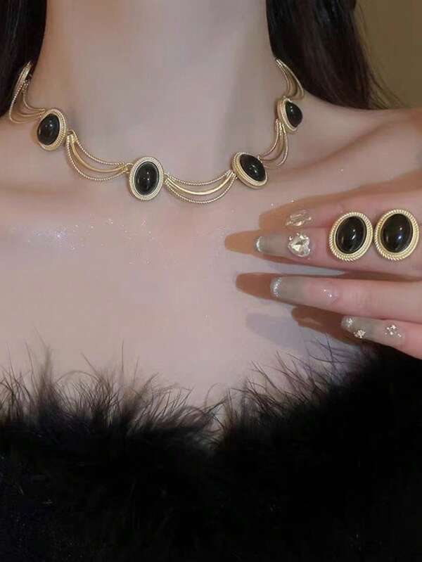 Set de 2 piezas con collar y aretes elegantes de óvalo negro de estilo retro de alta gama para mujeres