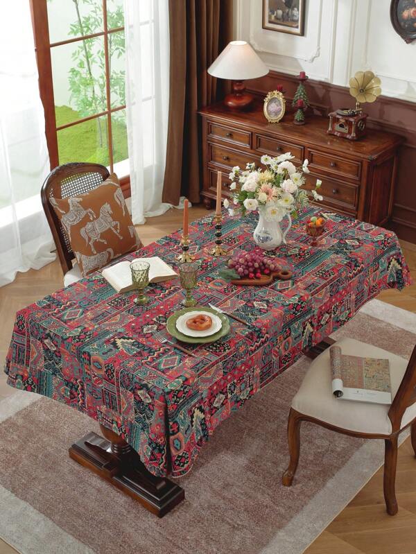 1pc Rectangular Patterned Geometric Tablecloth, Bohemian Thickened Polyester Dust-Proof Heat-Resistant Tablecloth For Daily Home Use, Festivals, Birthday Parties And Other Dining Table Decor