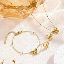 4pcs Stainless Steel Gold Plated Princess Bow Jewelry Set - Necklace, Bracelet, Earrings 3-Piece Set, Elegant & Versatile Accessories Suitable For Women Daily Commute Wear