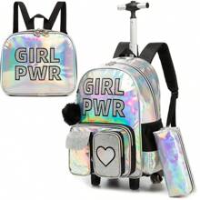 16inch Rolling Backpack For Girls School Backpack With Lunch Box Bag For Elementary Student Wheels Roller Trolley Luggage Bag For School School Accessories School Stuff