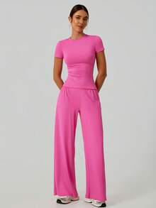 NcmRyu Conjunto deportivo de mujer de unicolor, sexy, de ajuste ceñido, de cintura alta, holgado y cómodo - Rosa Fucsia - Ver 3