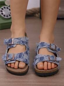 1 双男士纯色软木和 PU 防滑圆头休闲沙滩凉鞋，适合夏季 - 藍色 - 查看 2