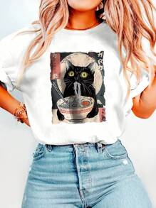 Summer Women Cartoon Black Cat, Noodles, Geometric Pattern Letter Pattern T-Shirt