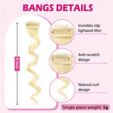 VENDAD-Long Side Bangs 2Pcs Blonde Wavy Curly Clip On Bangs For Women Wavy Bangs Hair Clip On Fringe Bangs With Temples - Blonde - View 2
