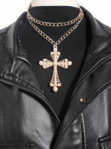 1pc Unisex Fashion Wing & Sword Feather Cross Diamond Faux Pearl Decor Punk Chain Pendant Necklace, Suitable For Party, Outdoor, Streetwear Matching - Multicolor - View 12
