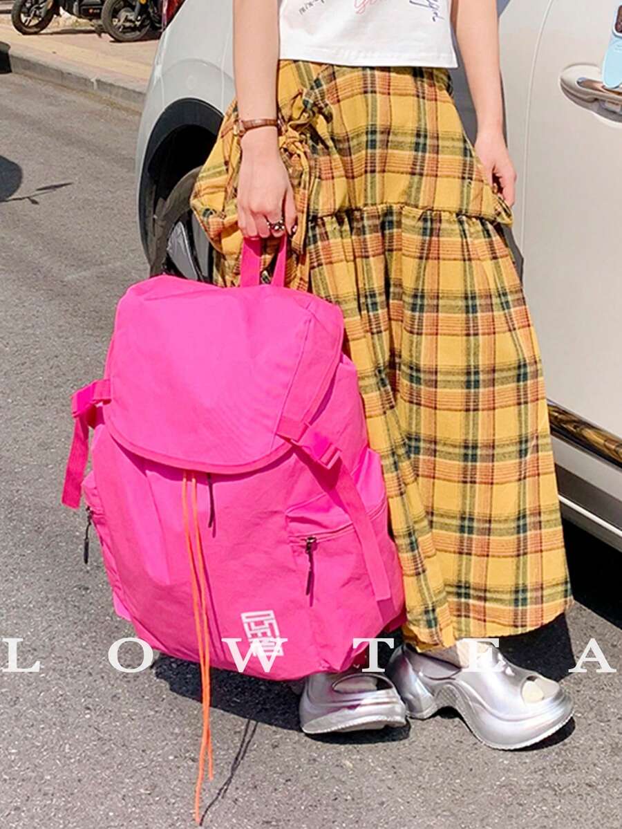 1 件 Low Tea 纯色尼龙背包，女士休闲学院风时尚背包，顶部单手提设计，翻盖开合，可调节肩带，适合单/双肩背，适合作为女性旅行礼物，适合通勤、户外、旅行、徒步旅行 - 玫紅色 - 查看 1