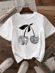 女士夏季休闲樱桃印花 T 恤