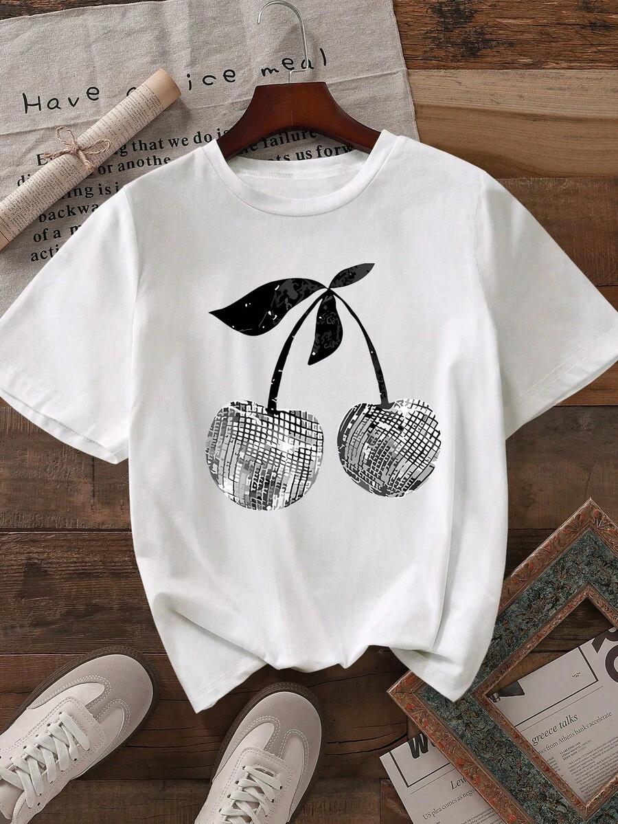 女士夏季休闲樱桃印花 T 恤