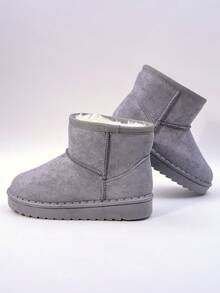 زوج من بوت الثلج المزيفة من الغزال الكلاسيكية للأطفال، لون أحادي، بطانة مبطنة، بوت شتوية دافئة، رأس مستدير قصير، كعب مسطح، طراز كاجوال، مناسبة للطقس البارد