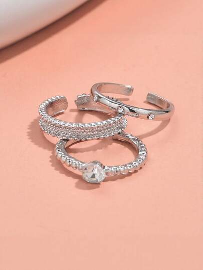 3pcs/Set Girls' Simple Design Zirconia Inlaid Open Rings, Fashion Versatile Accessories. Please Open Gently When Wearing.