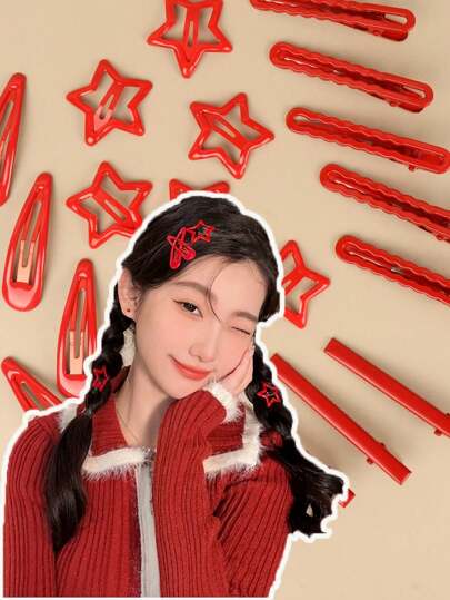 Set de 10 piezas de pasadores de pelo con estrella roja linda | Accesorios de moda de metal para el cabello para niñas, mujeres y adolescentes | Pasadores de pelo, pinzas planas, deslizadores de pelo, ganchos de pelo para uso diario