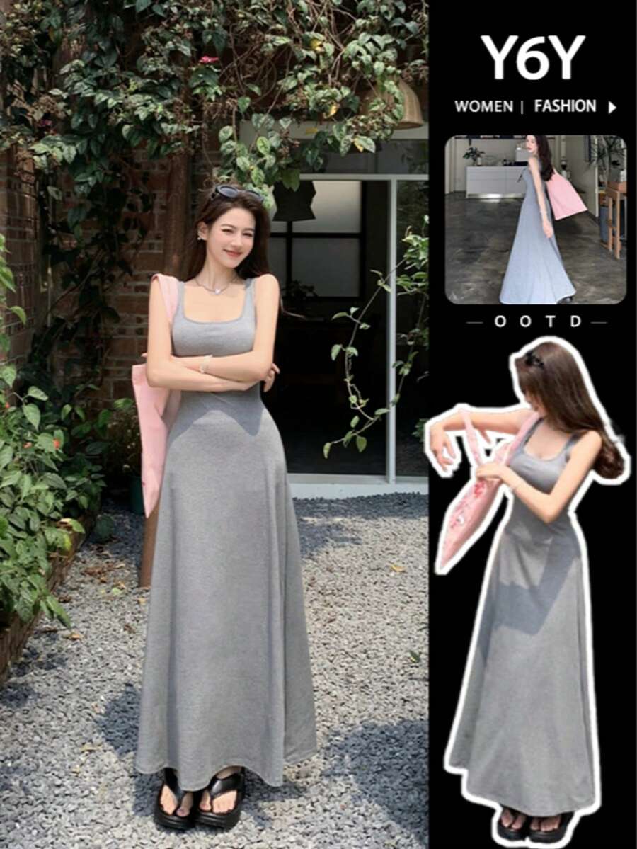 [Y6Y] 女士无袖方领A字连衣裙，春夏法式休闲优雅收腰长裙