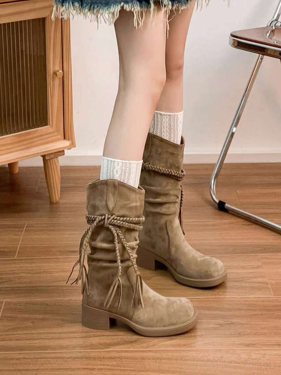 Fall/Winter 2025 New Arrivals Women's Retro Distressed Fringe Long Boots, Chunky Heel Over-The-Knee High Shaft Boots,Party