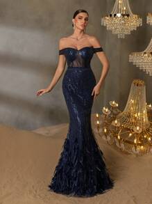 Faeriesty Elegant One-Shoulder Evening Gown With Back-Tie Closure & Mermaid Hemline Dramatic Train, And Luxurious Embellishments For Award Ceremonies, High-Fashion Weddings
