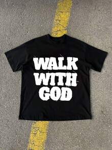 220g Cotton T-Shirt, Personalized Dark"WALK WITH GOD", Machine Washable, Comfortable For Daily Wear All Year Round, Modern Style Top, Smooth Texture Shirt, Fashionable Men's Cotton Knit Sweater - màu đen - Xem 1