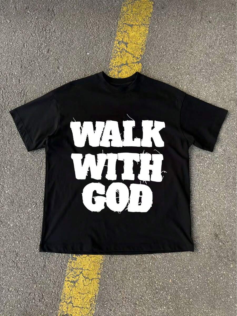 220g Cotton T-Shirt, Personalized Dark"WALK WITH GOD", Machine Washable, Comfortable For Daily Wear All Year Round, Modern Style Top, Smooth Texture Shirt, Fashionable Men's Cotton Knit Sweater - màu đen - Xem 1