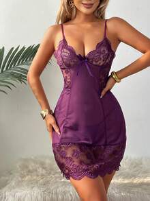 2pcs Women's Sexy Lace Mesh Lingerie Sleepwear Nightgown Set, For Daily Robe, Seducing Partner - 紫色 - 查看 2