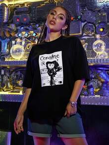 Blusa casual de estilo callejero de moda con cuello redondo, manga corta y estampado de dibujos animados - Negro - Ver 1